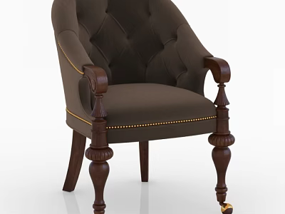 Brown Tufted Armchair With Wooden Carved Arms And Gold Nailhead Trim 3d model