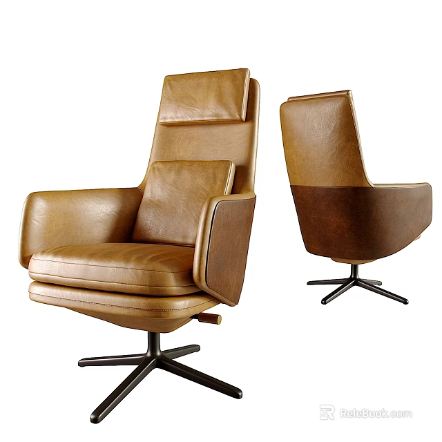 Brown Leather Leisure Chair With High Backrest And Swivel Metal Base 3d model 