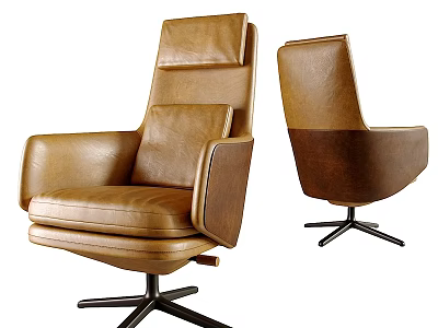 Brown Leather Leisure Chair With High Backrest And Swivel Metal Base 3d model