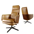 Brown Leather Leisure Chair With High Backrest And Swivel Metal Base