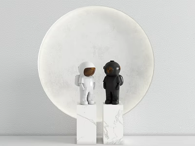 Black And White Astronaut Figurines On Marble Bases With Circular Decor 3d model