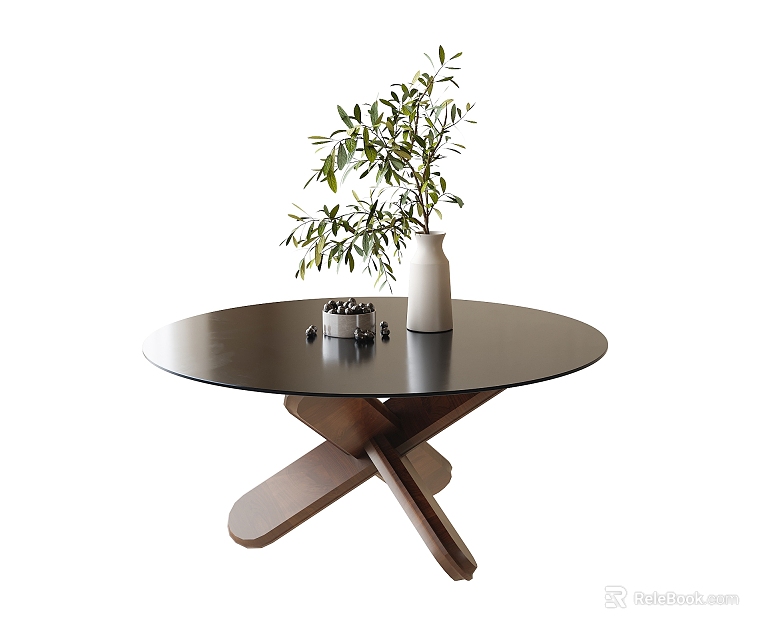 Modern Round Coffee Table with Glass Top Wooden Cross Legs White Vase and Green Plant 3d model 