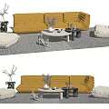 Yellow Sofa Coffee Table Set With White Bean Bag Chairs And Grey Patterned Decorative Rug 3d model