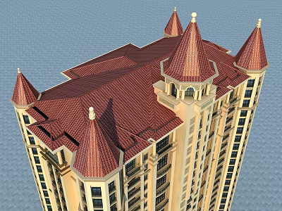 European Style Architecture With Red Tiled Roof Pointed Turrets And Yellow Exterior Walls 3d model