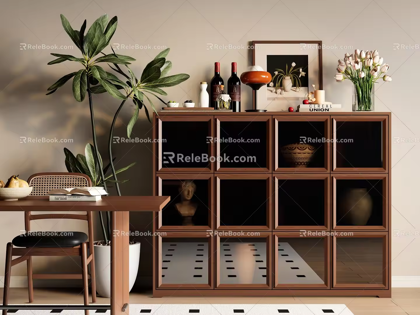Modern Middle Ancient Sideboard Tower West Cabinet Decorative Cabinet Dining Table and Chair Vase Ornaments 3d model