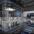 Modern Futuristic Cyber Cafe with Glass Curtain Wall Illuminated Logo Hi-Tech Gaming Equipment Black Tone