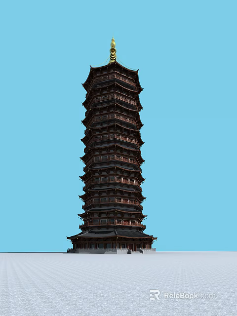Traditional Chinese Multi tiered Pagoda With Wooden Structure And Blue Sky Background 3d model 