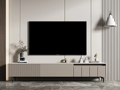 Modern Light Color TV Stand with Drawers Cabinets in Living Room Featuring Decorative Vase Ornaments 3d model