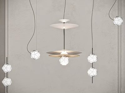 Modern Layered Disc Chandelier With Spherical Pendant Lights On Grey Wall 3d model