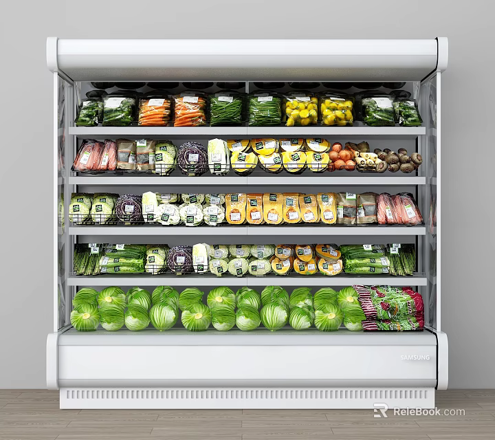 Display Cabinet Shelves With Various Vegetables And Packaged Foods Neatly Arranged 3d model 