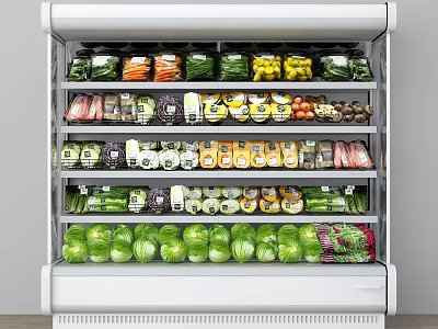 Display Cabinet Shelves With Various Vegetables And Packaged Foods Neatly Arranged 3d model