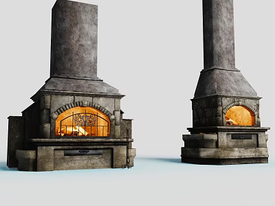 Two Vintage Stone Fireplaces With Traditional Design And Warm Flames 3d model
