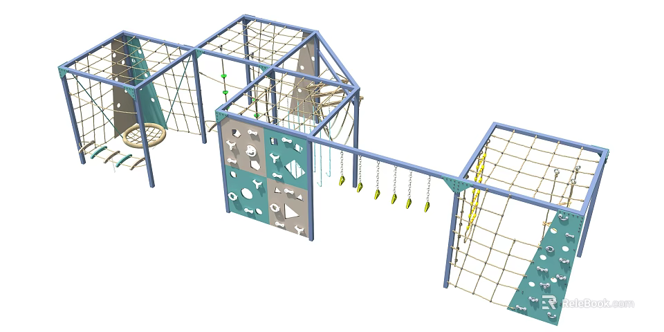 Kindergarten Outdoor Playground With Climbing Frame Rope Net Wall And Hanging Rings 3d model 