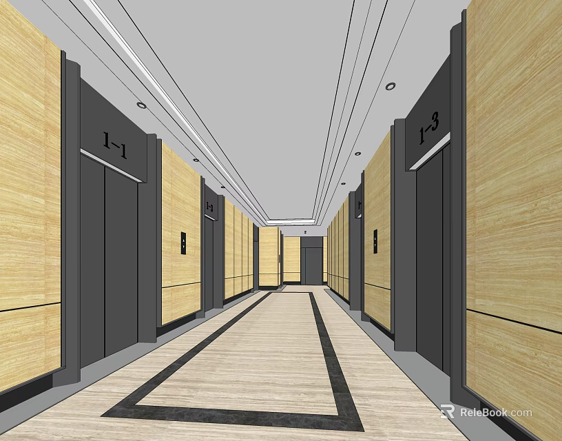 Modern Elevator Lobby Interior Design With Wooden Panel Walls Geometric Floor Pattern And Ceiling Lights 3d model