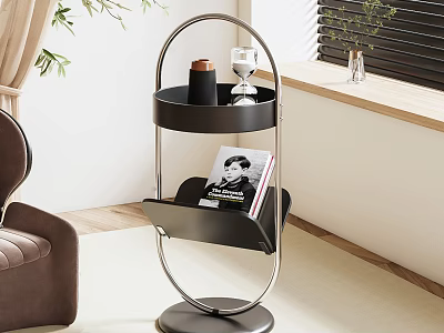 Black Two Tiered Side Table With Metal Frame Round Base And Magazine On Lower Shelf 3d model