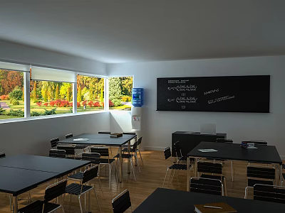 School Classroom Featuring Large Windows Green Plants Red Flowers Blackboard White Writing Wooden Floor Desks 3d model
