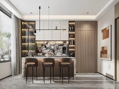 Modern Bar Counter Area With Hanging Lights Bar Stools Polished Countertop And Wooden Backsplash 3d model