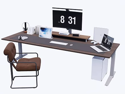 Modern Office Desk and Chair Set with Computer Monitor Laptop Headphones and Clock 3d model