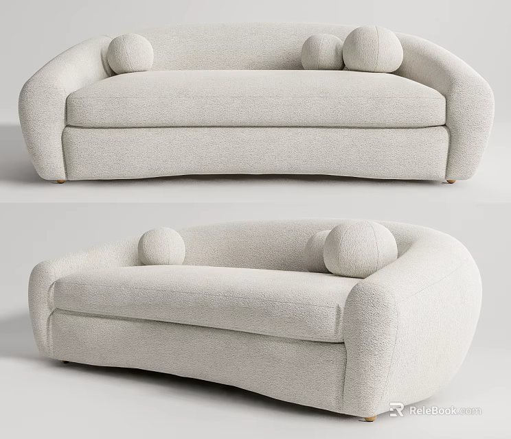 Cream Colored Curved Sectional Sofa With Soft Fabric Upholstery And Round Pillows 3d model 