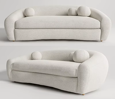 Cream Colored Curved Sectional Sofa With Soft Fabric Upholstery And Round Pillows 3d model