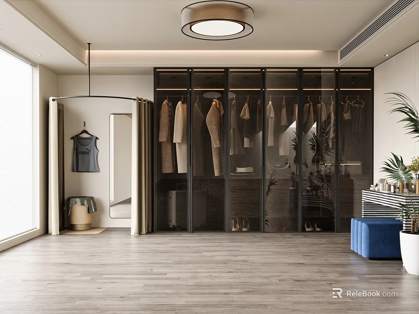 Modern Walk in Closet Interior Design With Glass Door Cabinets Hanging Clothes And Mirror 3d model 