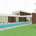 Modern Detached Villa Architectural Design With Swimming Pool Green Lawn And Wooden Terrace