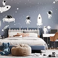 Kids Room With Space Theme Wall Decor Astronauts Rockets Bed And Desk