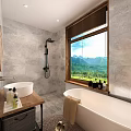 Hotel Room Interior With Bathtub Mountain View Windows And Wooden Decor Plants