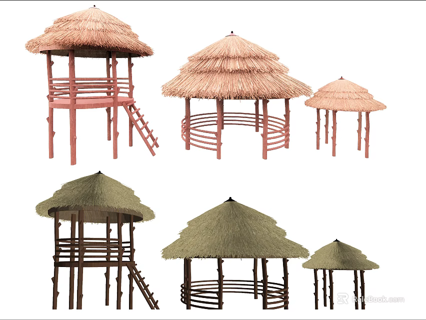Garden Landscape With Various Thatched Pavilions Red Brown Frames And Circular Bases 3d model