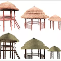Garden Landscape With Various Thatched Pavilions Red Brown Frames And Circular Bases 3d model