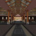 Traditional Religious Temple Interior With Painted Ceiling Columns And Stone Lions