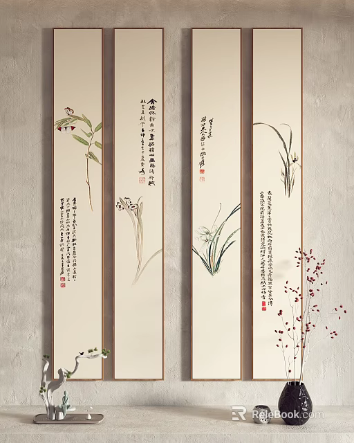 Chinese Traditional Four Scroll Ink Paintings With Plants And Calligraphy Wall Decor 3d model 