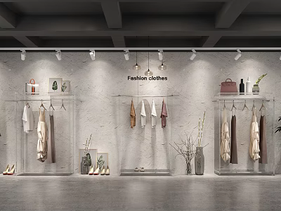 Modern Glass Display Shelves For Fashion Clothes With Lighting In Clothing Store 3d model