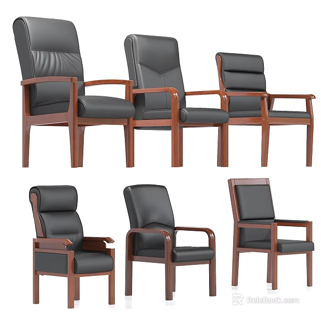 Black Leather Office Chairs With Wooden Armrests And Legs In Different Styles For Office Use 3d model 