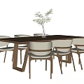 Modern Wooden Dining Table Set With Six White Chairs And Green Plant Vase