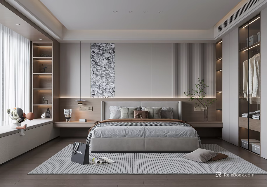 Modern Bedroom Interior Design With Cozy Bed Decorative Wall Art Wardrobe And Area Carpet 3d model 