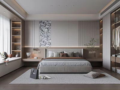 Modern Bedroom Interior Design With Cozy Bed Decorative Wall Art Wardrobe And Area Carpet 3d model