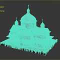 Cartoon Scene Of Red Traditional Building With Multiple Golden Domes And Snowy Roof