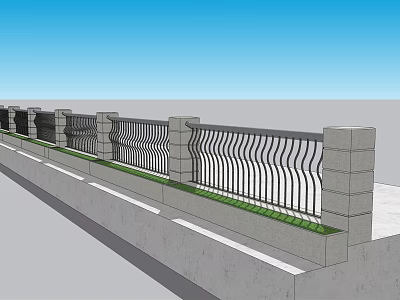 Outdoor Modern Wavy Metal Railing Fence With Concrete Base And Green Plants 3d model