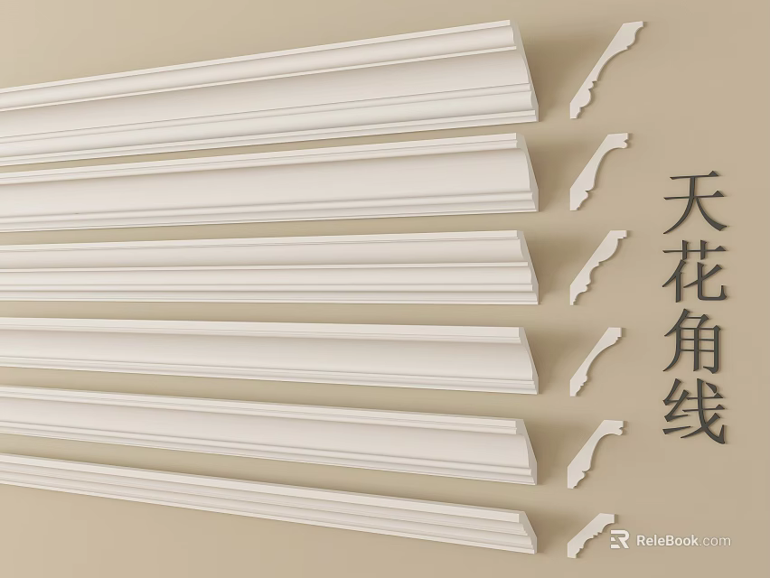 Stylish White Decorative Ceiling Cornice Lines for Home Interior Design 3d model 
