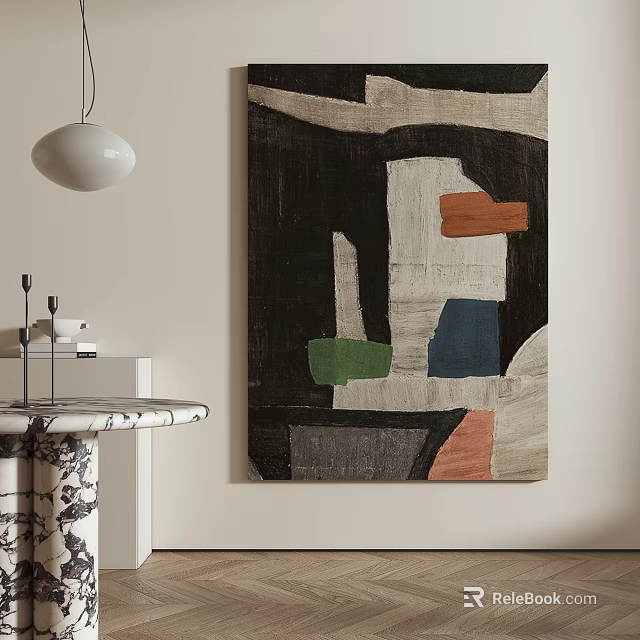 Modern Abstract Painting With Black White Green Blue Orange Color Blocks On Indoor Wall 3d model 