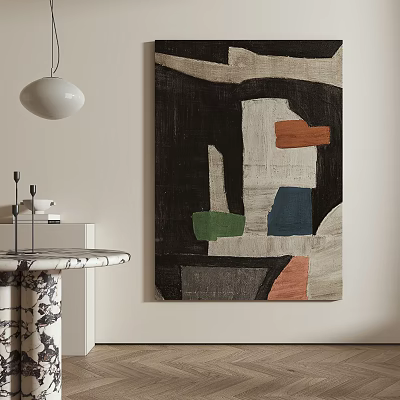 Modern Abstract Painting With Black White Green Blue Orange Color Blocks On Indoor Wall 3d model