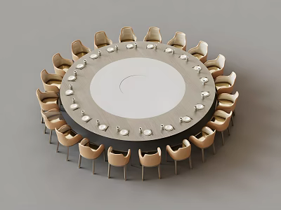 Round Dining Table With Multiple Chairs White Top And Silver Trim Design 3d model