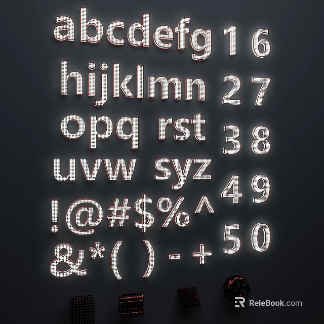 Alphabet Numbers And Symbols Display On Black Background With Illuminated Design 3d model 