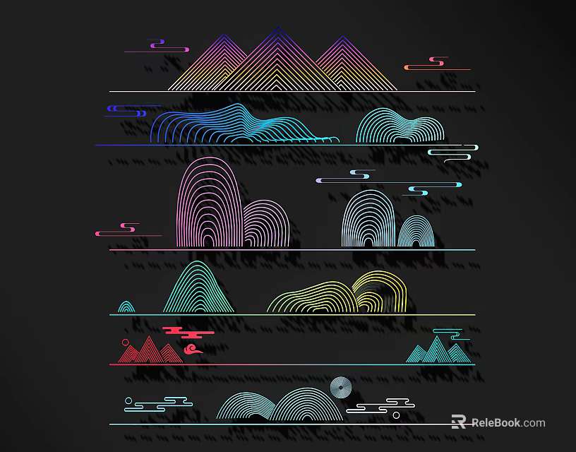 Modern Abstract Wall Decor With Colorful Linear Patterns Wavy Shapes And Mountain Designs 3d model