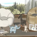 Cozy Bean Bag Chairs With Stuffed Toys Photo Frames And Window Forest View