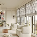 Living Room Interior With White Sofa Green Cushions Marble Coffee Table Fireplace And Large Windows
