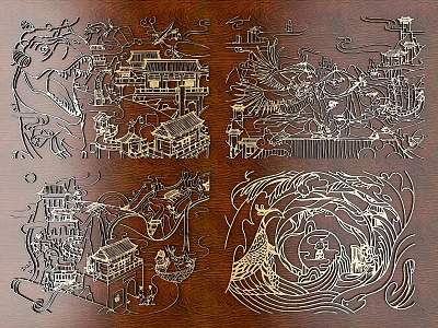 Intricate Traditional Wooden Carvings With Architectural Scenes And Landscape Art 3d model
