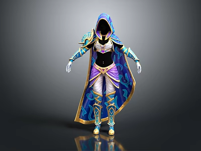 Fantasy Hooded Costume Blue Purple Robe With Golden Accents And Elegant Design 3d model