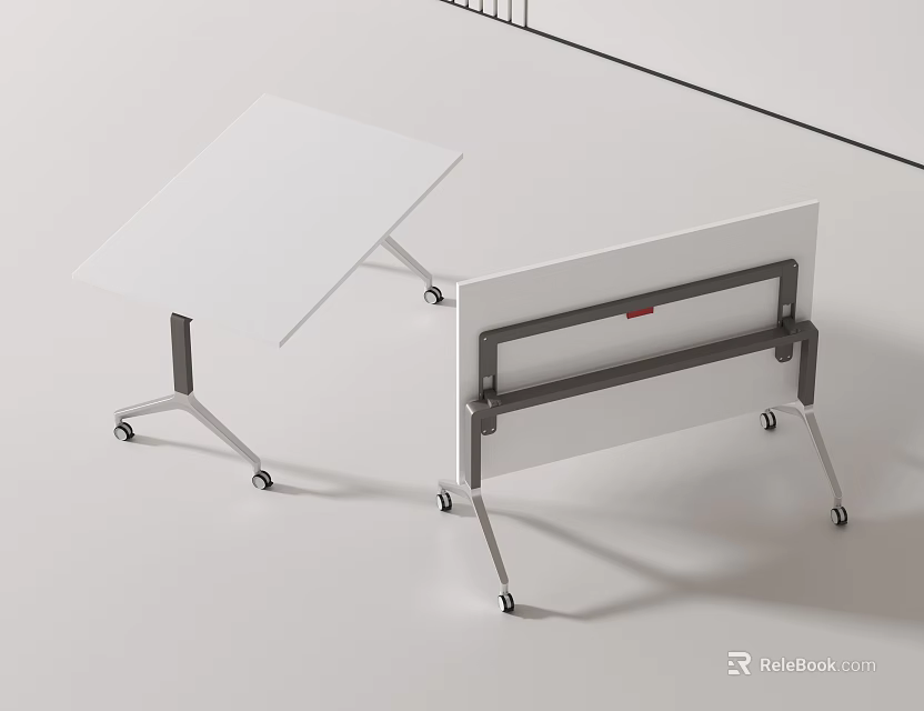 Modern Office Desk With White Tabletop Metal Frame And Rolling Wheels 3d model 